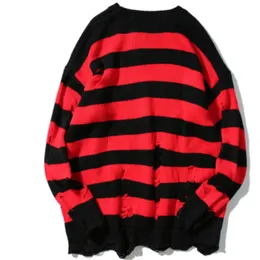 Men's Sweaters Hip Hop Black Red Striped Washed Destroyed Ripped Sweater Men Hole Knit Jumpers Women Oversized Harajuku