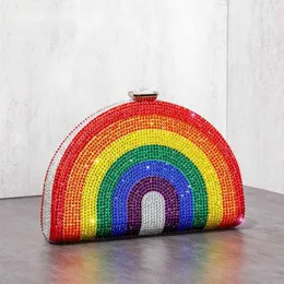 Shoulder Bags Rainbow Color Crystal Evening Clutch Wedding Party Women Boutique Half Moon Rhinestone Purses and Handbags Luxury Designer 230426