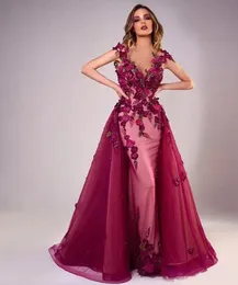 New Burgundy Evening Dresses Mermaid Scoop Floor-Length Detachable Train 3D Floral Appliques Beaded Tulle long Plus Size Prom Party Gown