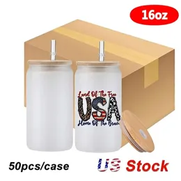US Warehouse 16oz Sublimation Clear Frosted Glass Mugs Can Shaped Wine Tumblers With Bamboo Lids And straws Cocktail Cups 0515