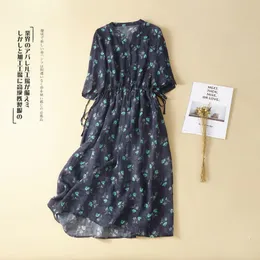 Casual Dresses Floral Print Vintage Linen Elastic Waist Pet Three Quarter Women's Dress V-hals Mid-Calf Dresses for Women Spring 230515