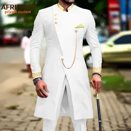 Мужские спортивные костюмы Африканский костюм для мужчин Dashiki Длинные куртки и брюки с вышивкой из 2 предметов с косынкой Slim Fit Формальные наряды на свадьбу A2216037 230515