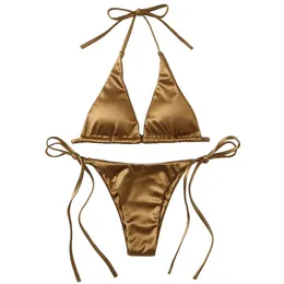 Swim Wear Sexy Women's Metallic Halter Top Two Piece Swimsuit Tie Side Triangle Bikini Summer Solid Bathing Suit Beachwear Bikini Set 230515