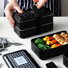 Bento Boxes Japan Bento Lunch Box Portable Black Double Layer Thermal Food Container Creative adult Kid Lunchbox Microwave Owhare 2000ml 230515