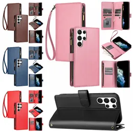 Multifunktionella läderplånbok för Samsung S23 Fe Ultra S22 Plus A25 A73 A54 A53 A34 5G A32 A24 A23 A14 A13 A04E Cash Pocket Pocket Zipper ID Card Holder Flip Cover Pouch Pouch Pouch