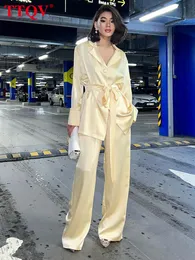 Dwuczęściowe spodnie damskie TTQV Elegancki żółty satynowy zestaw dwuczęściowy dla kobiet swobodne lapy koronkowe sznurki i proste spodni z wysokim paskiem 230515