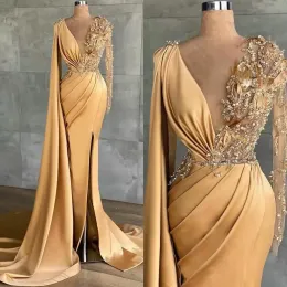 Szampanowe złoto satynowe sukienki wieczorne z koralikami V szyi wysokie rozłam Suknie imprezowe Suknie Prezenta
