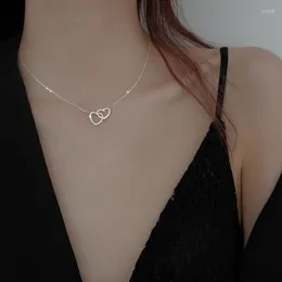 Chains 925 Sterling Silver Double Ring Heart Necklace Female Simple Temperament Clavicle Chain Pendant Birthday Gift Jewelry