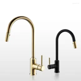 Kitchen Faucets Brushed Gold Faucet Brass Sink Cold And Mixer Tap Knurling Pull Out Taps Double Water Setting Mode