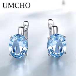 Ear Cuff UMCHO Blue Topaz Clip Style Orecchini da donna Solido gioielli in argento sterling 925 Gemma ovale Orecchini coreani 230512