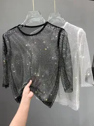 Kvinnors t-shirt mesh diamant crystal coat diamant ultra fairy inuti ta party bling hollow-out render olined övre plagg och glänsande t-shirt 230515