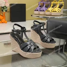 Designerskie sandały kobiety sandały cassandra lady klin espadrilles damski czarny patent skórzane obcasy regulowane buty buty buty ślubne buty