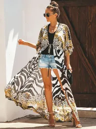 Coverups biquíni encobrimento de chiffon praia kimono feminino leopardo capa longa para maiô de túnica de túnica de fábrica de fábrica de praia de traje de praia 230515