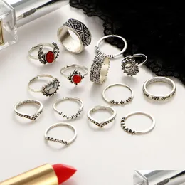 حلقات الفرقة عتيقة Sier نحت حلقة مشتركة 14piece مجموعة نسائية Bague Femme نساء الرجال إسقاط تسليم المجوهرات DHB6R