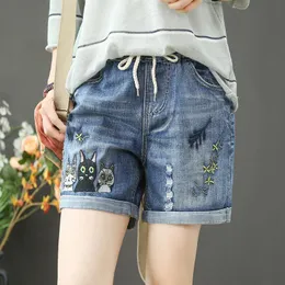 Women's Shorts 2023 Cartoon Denim Woman Casual Beach Pants Summer Fashion Curling Cute Cat Car Stretch Jeans Outdoor Sportswear 230515