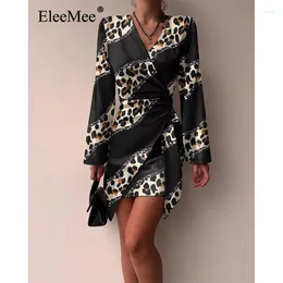 فساتين غير رسمية Eleemee Women Summer Sexy v-teac dress Leopard Leopard Printing Edge Length Long Sleeve Mase