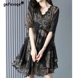Casual Dresses Elegant Fashion Casual Printed Lace Patchwork Dresses Summer Short Sleeve V-Neck Loose Pullover Midi Dress Women's Clothing 230515