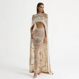 Sukienki imprezowe Sharon Said Luksusowe Perły Dubai Dubai Champagne Endyning With Cape 2023 Arabskie kobiety Mermaid Wedding Prom Dress SS369 230515