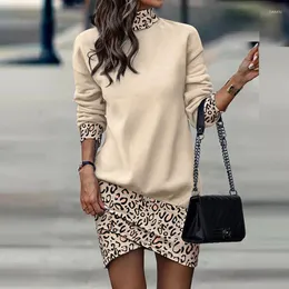 Casual Dresses 2023 Fall Long Sleeve Turtleneck Leopard Print Dress Women Slim Irregular Splicing Mini Pullover Roupas Femininas