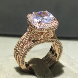 Vintage 925 Sterling Silver 18K Rose Gold Wedding Rings for Women Luxury Engagement Rings Set 3 i Bridal Gemstone Jewelry Finger