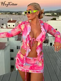 Two Piece Dress Hugcitar Tie Dye Print Women 2 Piece Set Lace Up Ruffle Long Sleeve Crop Top Ruched Mini Skirt Suit Matching Outfit Y2K Vacation 230512