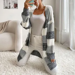 Women's Knits 2023 Autumn Winter Cardigan Casual Knitted Striped Color-blocking Long Jacket Women Oversized Sweaters Abrigo