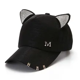Snapbacks New Women's Summer Fall Black White Pink Hat Cat Ears Baseball Cap with Rings and Lace Diamond Cute Girl Hat P230515