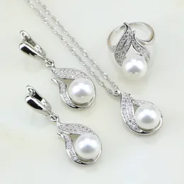 Wedding Jewelry Sets Fire 925 Silver Jewelry White Pearl Cubic Zirconia Jewelry Set Gift For Women EarringsRingPendantNecklace Chain 230512