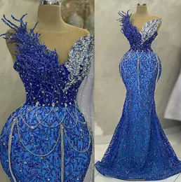 2023 May Aso ebi Blue Mermaid Prom Dress Crystals Evening Party Second Sextree Disparty Condragement Dression Robe de Soiree ZJ261