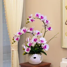 Flores decorativas lindas vaso de flores artificial phalaenopsis decoração caseira