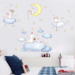 Adesivi giocattolo per bambini Cartone animato Conigli sulle lune Nuvole Adesivi murali Grandi dimensioni Decorazione della cameretta dei bambini Adesivo per il sonno Decorazioni per la casa per la camera dei bambini