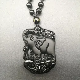 Pendant Necklaces Drop Black Obsidian Elephant Lucky Pendants Stoen Necklace Men Jewelry