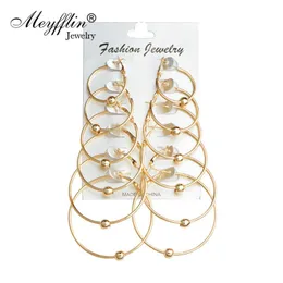 Brincos de argola Huggie Meyfflin Gold Silver Color grande conjunto redondo para mulheres pingentes de bola na moda Jóias de moda Brincos 6 pares/conjunto