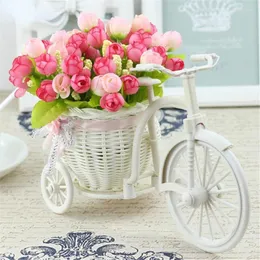 Decorative Flowers Rattan Bike Vase With Silk Colorful Mini Rose Flower Bouquet Daisy Artificial Flores For Home Wedding Decoration