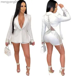 Chándales de mujer Nuevas mujeres Conjunto Sexy Borla Cuello en V profundo Traje Chaqueta Abrigo y pantalones cortos Trajes de dos piezas T230515