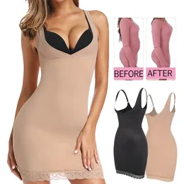 Damen Shapers Damen Full Slip Shapewear Kleid Bodys Dessous mit Spitze Feste Kontrolle Offene Brust Taille Cincher Body Shaper Kleider 230515