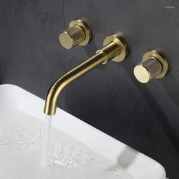 Bathroom Sink Faucets Double Handles Basin Faucet Brushed Gold Black Wall Mounted With Knurling Handle