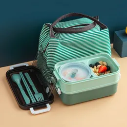 Bento-Boxen, doppelschichtige Edelstahl-Lunchbox mit Suppenschüssel, auslaufsicheres Bento-Box-Geschirr-Set, Mikrowelle, Lebensmittelbehälter für Erwachsene und Studenten, 230515