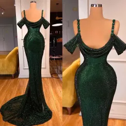 Vestidos de noite verde escuro sereia tiras do ombro lantejoulas brilhantes de lantejoulas personalizadas de ocasião formal use vestido de baile de baile árabe