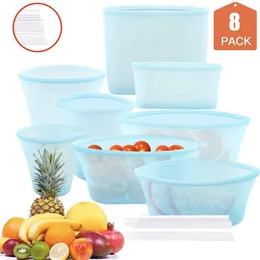 Bolsas 8pcs Bolsa de armazenamento de alimentos de silicone reutilizável stand up zip saco de saco de vazamento de vazamento de bolsa fresca armazenamento de alimentos saco de ziplock fresco