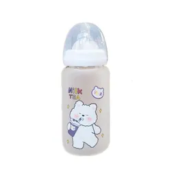 Baby Bottles# 380ml Creative Glass Nursing Bottle Kawaii Female Student Children's Cute Bear Water Cup Frosted Straw Silicone Pacifier Bottle 230516