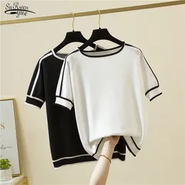 Frauen Blusen Shirts Camisetas Mujer Dünne Gestrickte T Frauen Kurzarm Sommer Tops Frau Kleidung Gestreiften Mode T-Shirt Femme 18841 230516