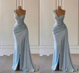 Dubai Arabic Light Blue Plus Size Mermaid Evening Dresses One Shoulder Beaded Satin Applique Formal Party Dress Pageant Engagement Celebrity Evening Gowns Custom