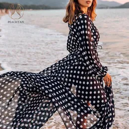 커버 업 Peachtan Deep v Neck Swimsuit Cover Ups 여성 2020 Ploka Dot Beach Wear Dress Women Long Sleeve Cover Ups Summer Kimono Biquini