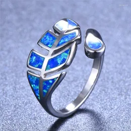 Wedding Rings Cute Female Leaf Adjustable Ring Fashion Silver Color For Women Boho Blue White Green Fire Opal