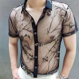 Herren-Freizeithemden, schwarzes Stickerei-Baum-Vogel-Muster-Hemd, trendiges transparentes sexy Herren-Kurzarm-Kleidung, durchsichtig, Social Club
