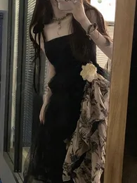 Party Dresses Gaun Tali Gaya Korea Hitam Midi Elegan Vintage Bunga Wanita Pesta Malam Prancis Kasual Gambar Cetak Musim Panas 2023 Baru 230515