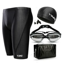 Masculino masculino masculino Nando de troncos de cinco minutos de maiô seca de maiô de transmissão de tubarão Cap de imitação de pele Myopia Goggles Set 230515