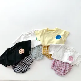 Pajamas Setelan Baju Motif Bayi Baru Musim Panas 2023 Kaus Lengan Pendek Celana PP Kotak Kotak Pakaian 2 Potong Setelan Anak Laki Laki 230516
