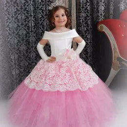 Flicka klänningar vintage blommor vit satin rosa puffy småbarn bollklänning nattvardsgav design